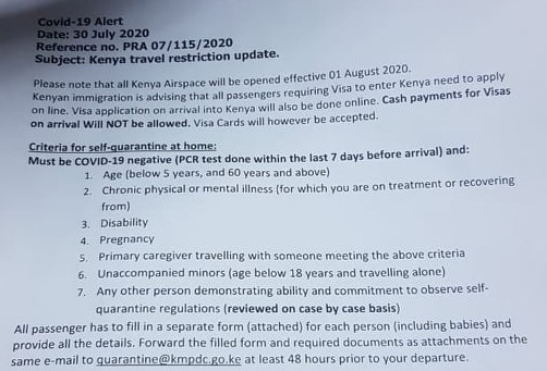 COVID-19 quarantine and visa information sent from an airline to a Kenyan tour operator