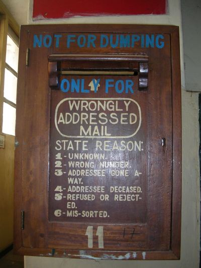 The box for incorrectly addressed mail inside Kampala Road Post Office Uganda Kampala Road Post Office Uganda