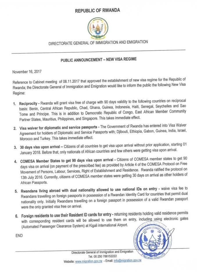 Rwanda immigration announcement. new visa regime for 2018. Rwanda visas 2018