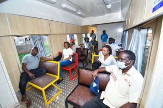 Train carriage cinema. Uganda Railway Museum tour, Jinja Railway Station 2022