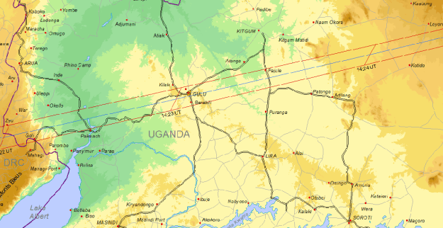 Map showing the maximum duration of totality, which is found along the centre, middle blue line Map showing the maximum duration of totality, which is found along the centre, middle blue line